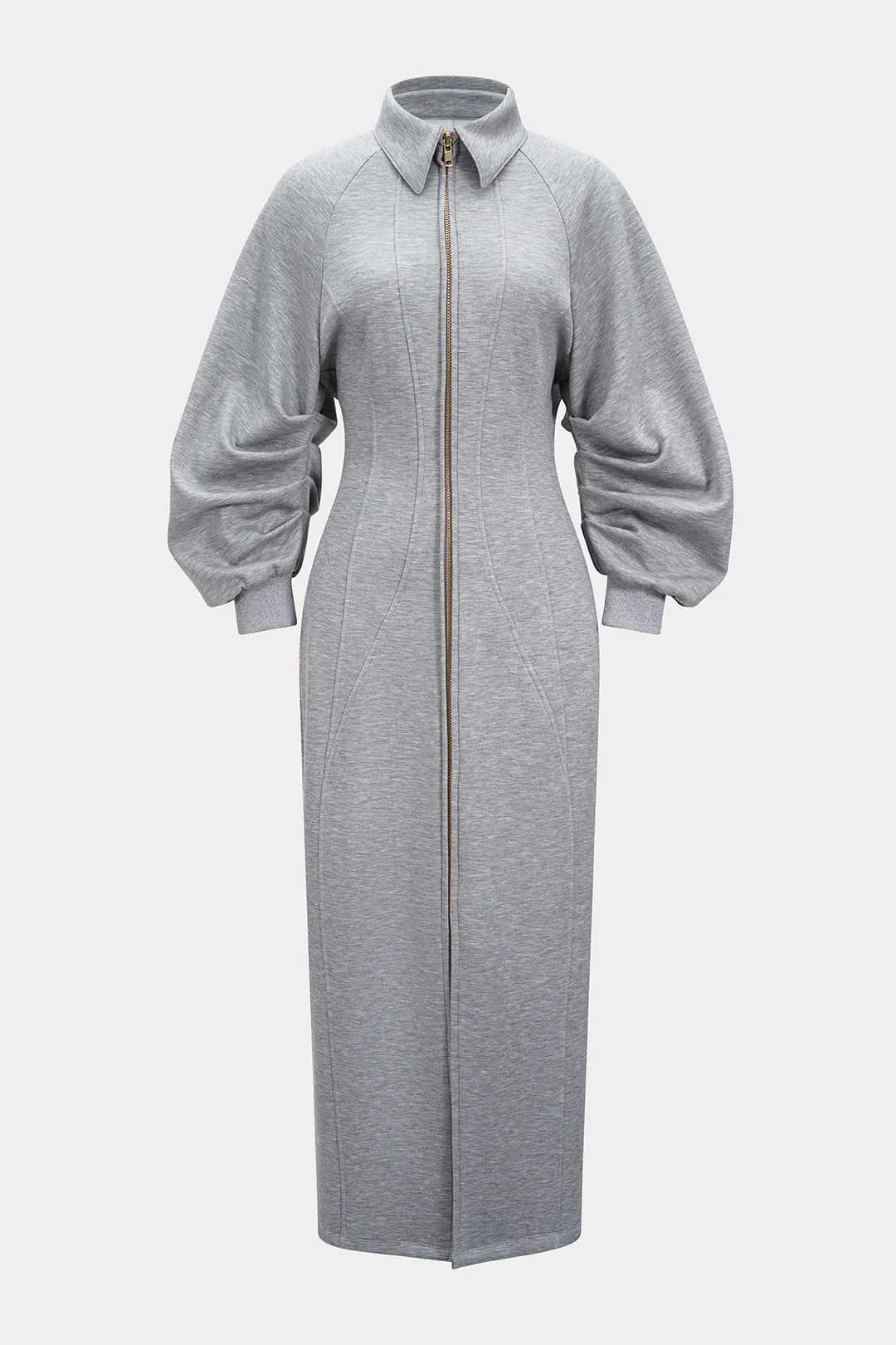 Lapel Zipper Long Sleeve Maxi Dress - Flockneti