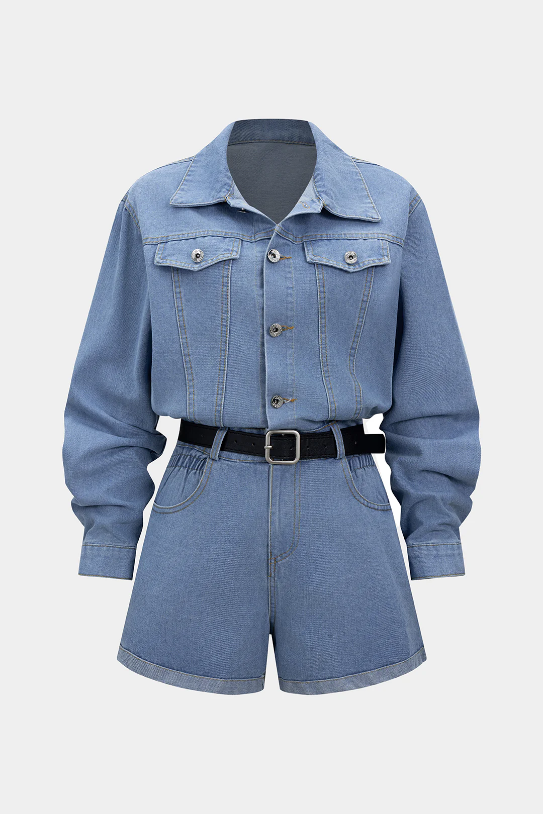 Denim Button Belted Long Sleeve Romper - Flockneti