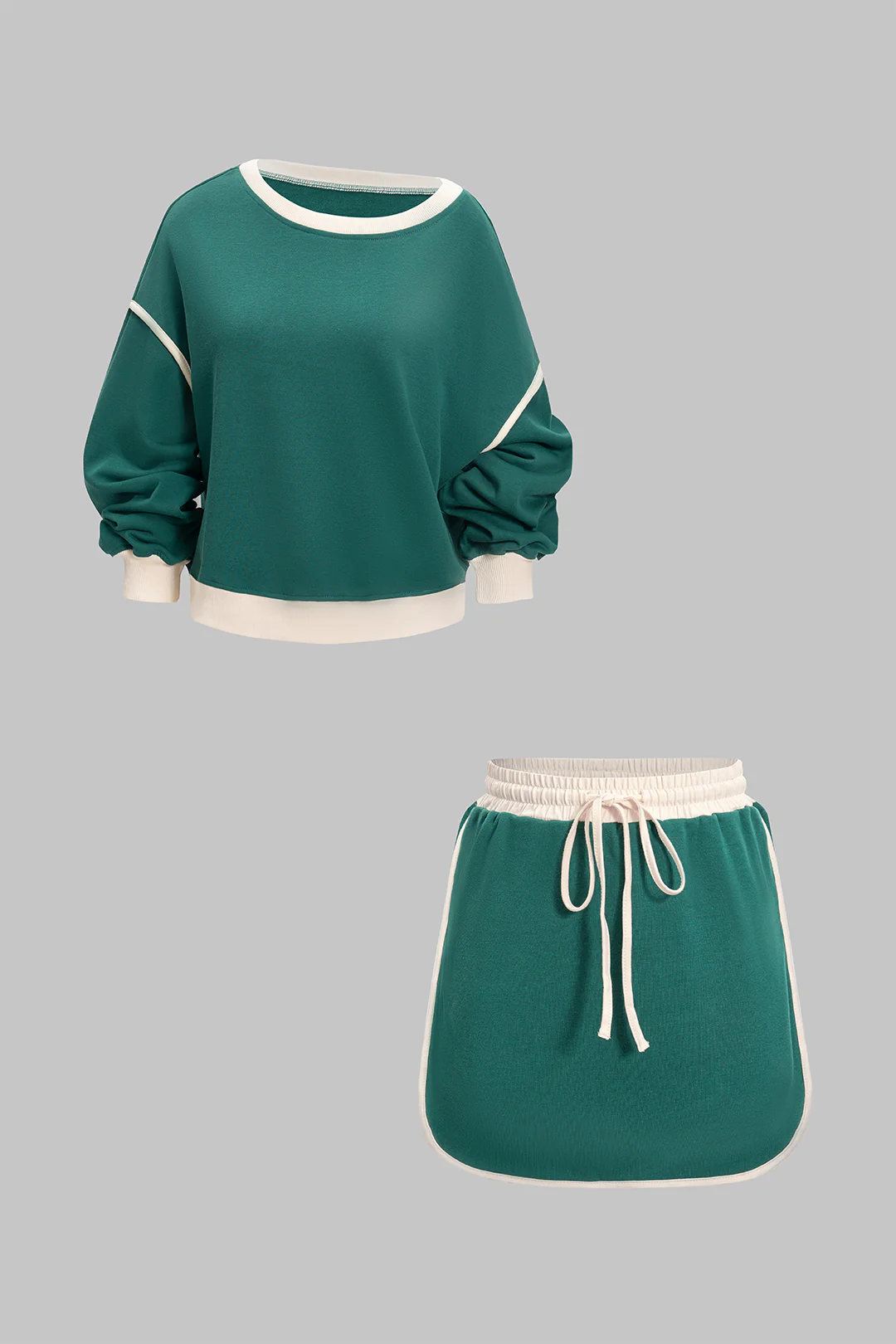 Contrast Binding Long-Sleeve Top And Drawstring Skirt Set - Flockneti
