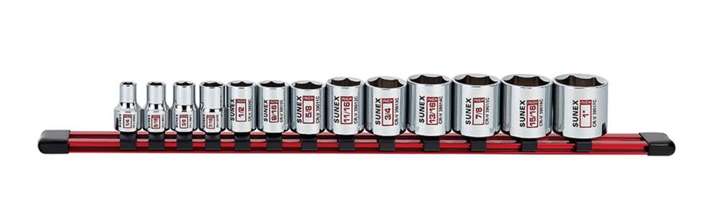 Sunex 3/8 In. Dr 6 Pt Standard SAE Socket Rail 13 Pc Set - Flockneti