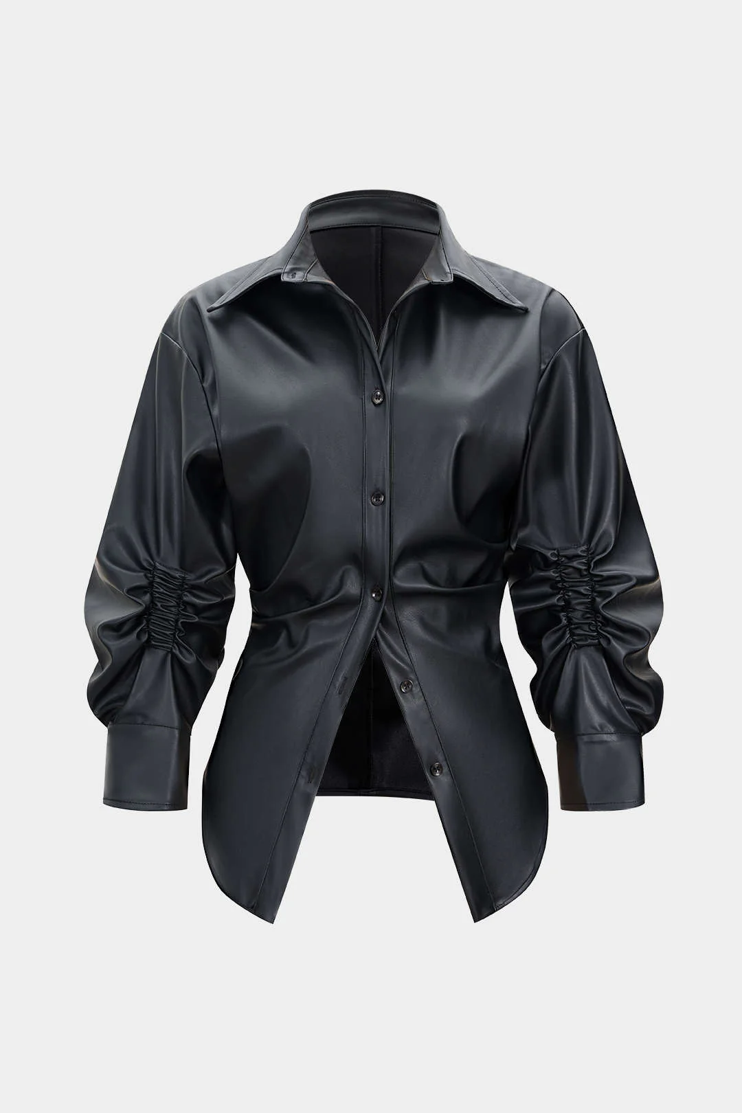 Faux Leather Ruched Button Asymmetrical Shirt - Flockneti