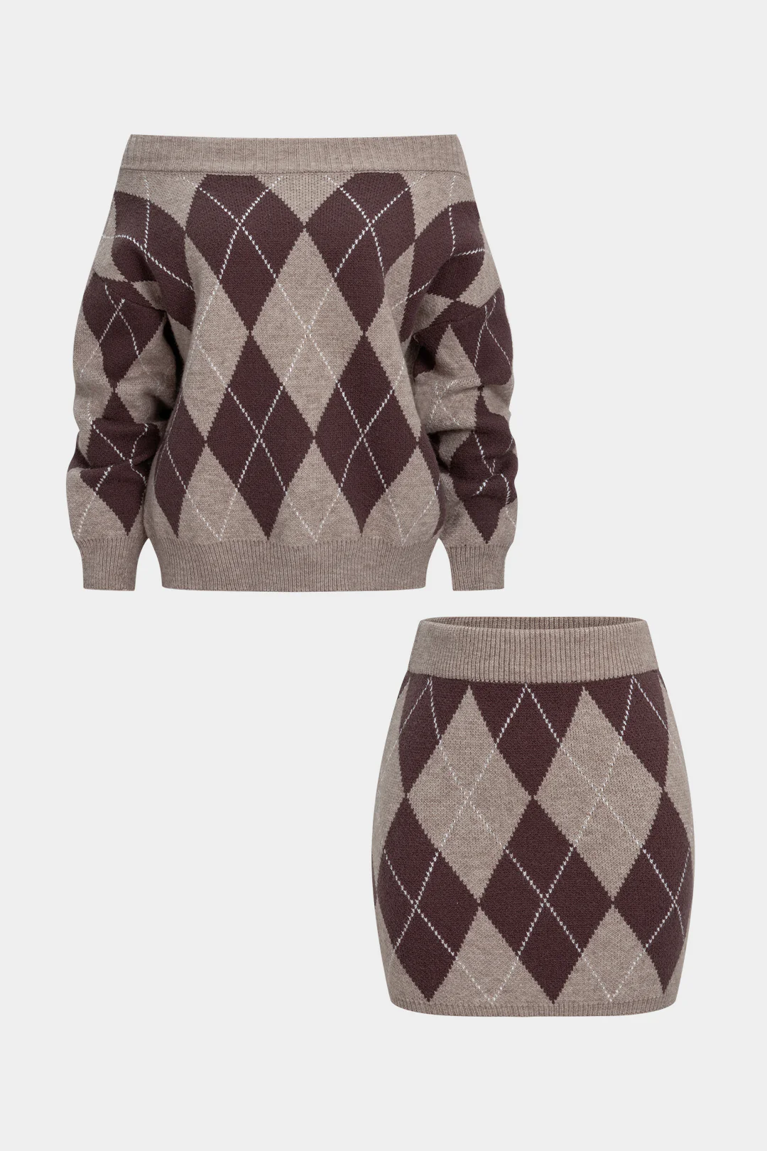 Knit Contrast Diamond Print Off Shoulder Long-Sleeve Top And High Waist Mini Skirt Set - Flockneti