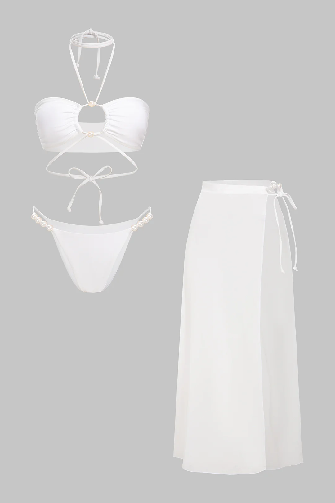 Halter Tie-Up Cut Out Pearl Decor Bikini Set - Flockneti