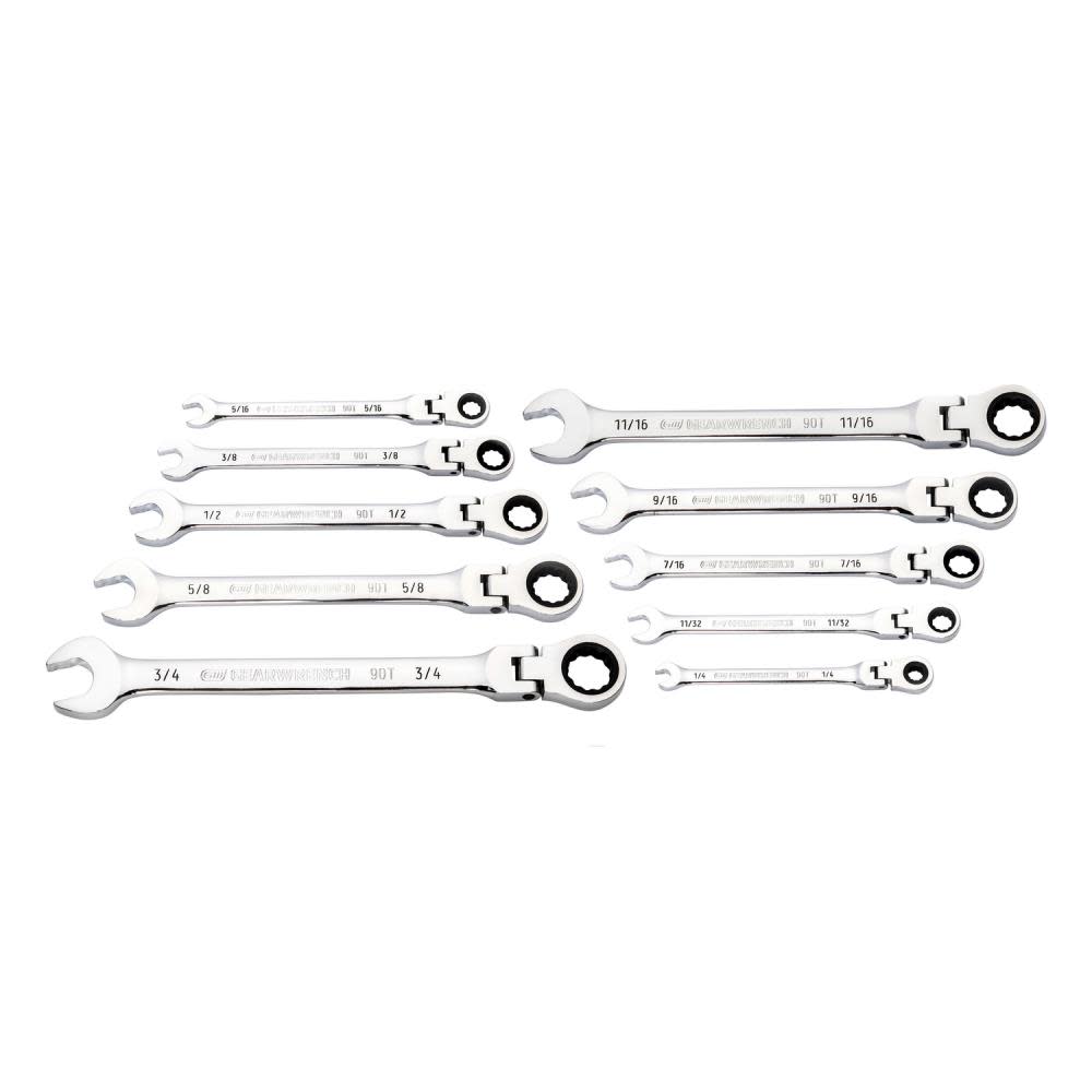GEARWRENCH 10 Pc. 90T 12 Point Flex Head Ratcheting Combination SAE Wrench Set - Flockneti