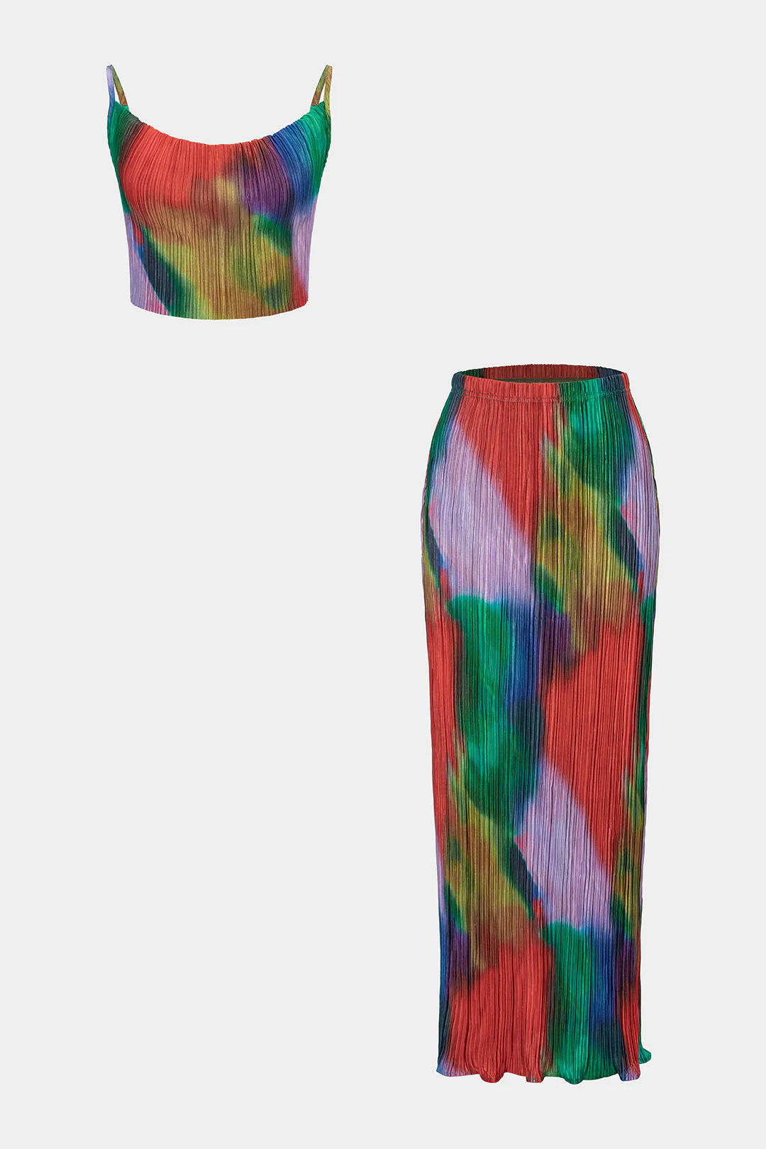 Tie Dye Print Satin Pleated Round Neck Cami Top And High Waist Skirt Set - Flockneti
