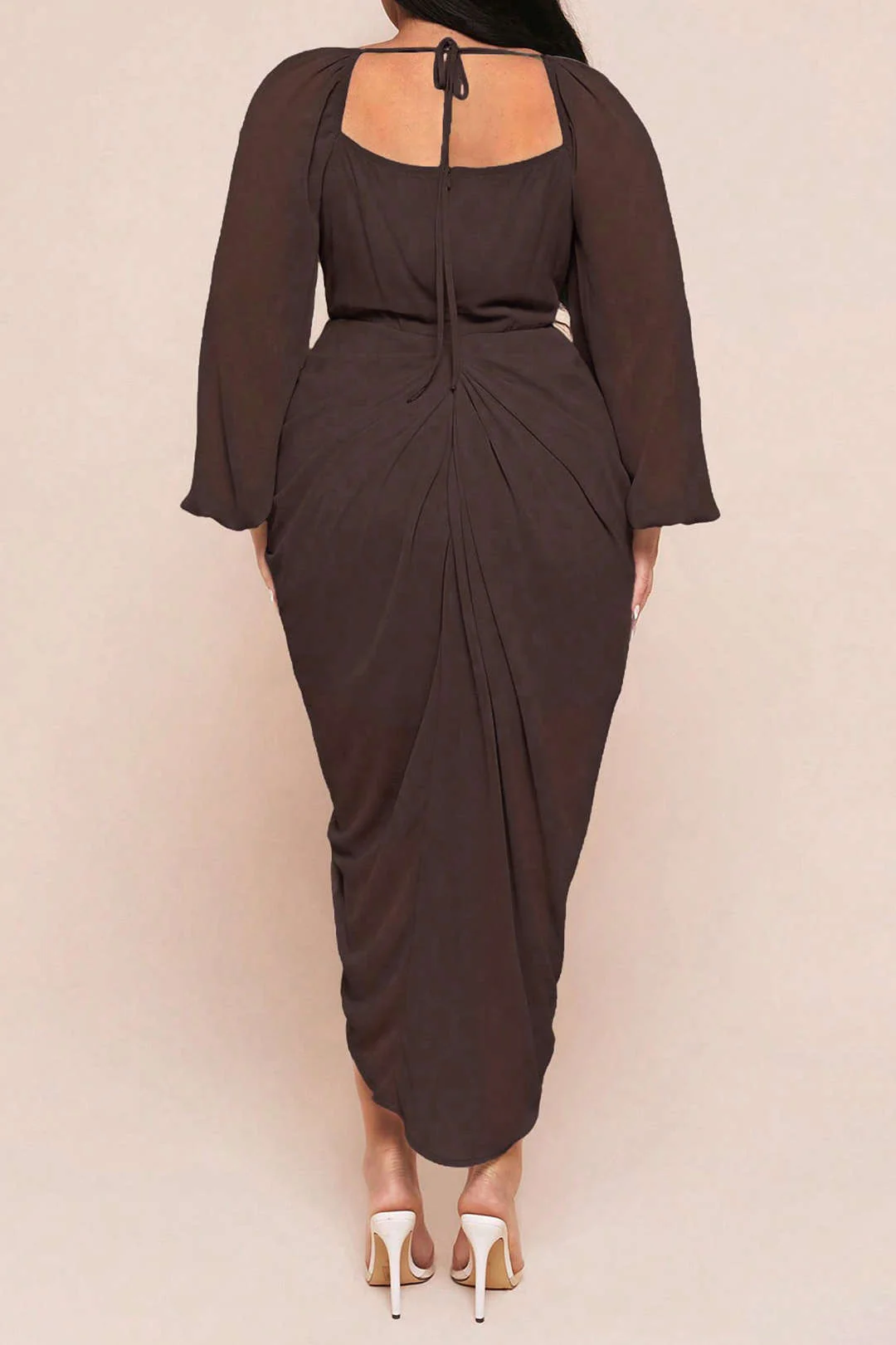 Plus Size Ruched Side Slit Long Sleeve Midi Dress - Flockneti