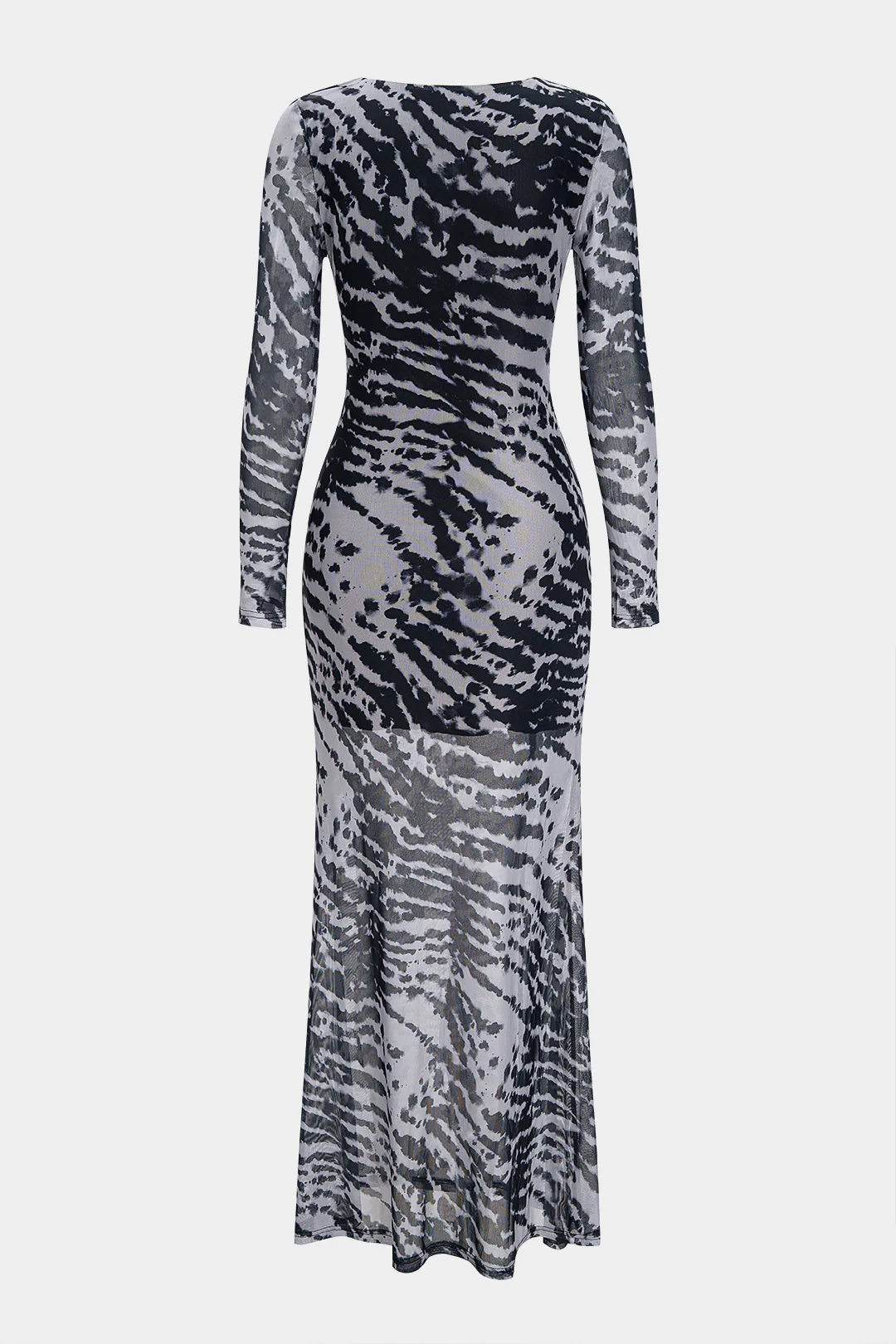 Contrast Print Mesh Ruched Long Sleeve Maxi Dress - Flockneti