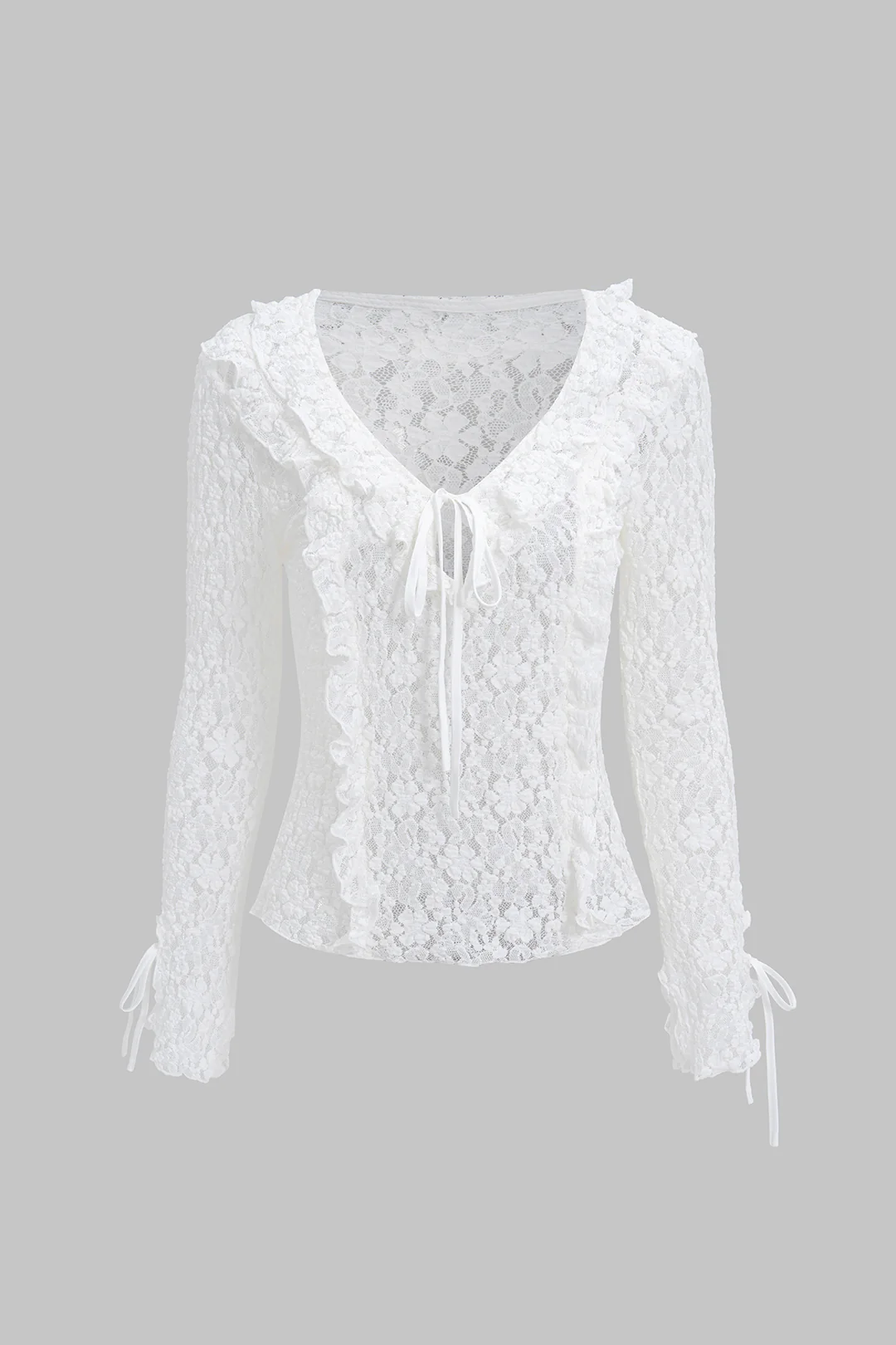 Lace V-Neck Tie Up Ruffle Long-Sleeve Top - Flockneti