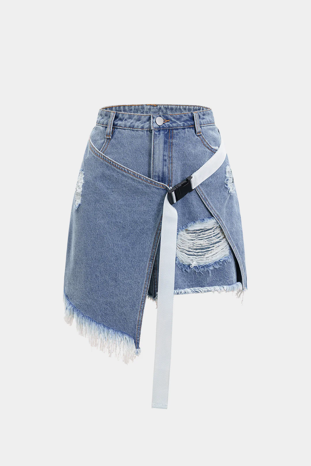 Denim Asymmetrical Ripped Frayed Skirt - Flockneti