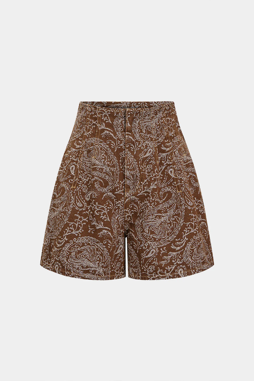 Paisley Print Denim Zipper Wide Leg Pocket Shorts - Flockneti