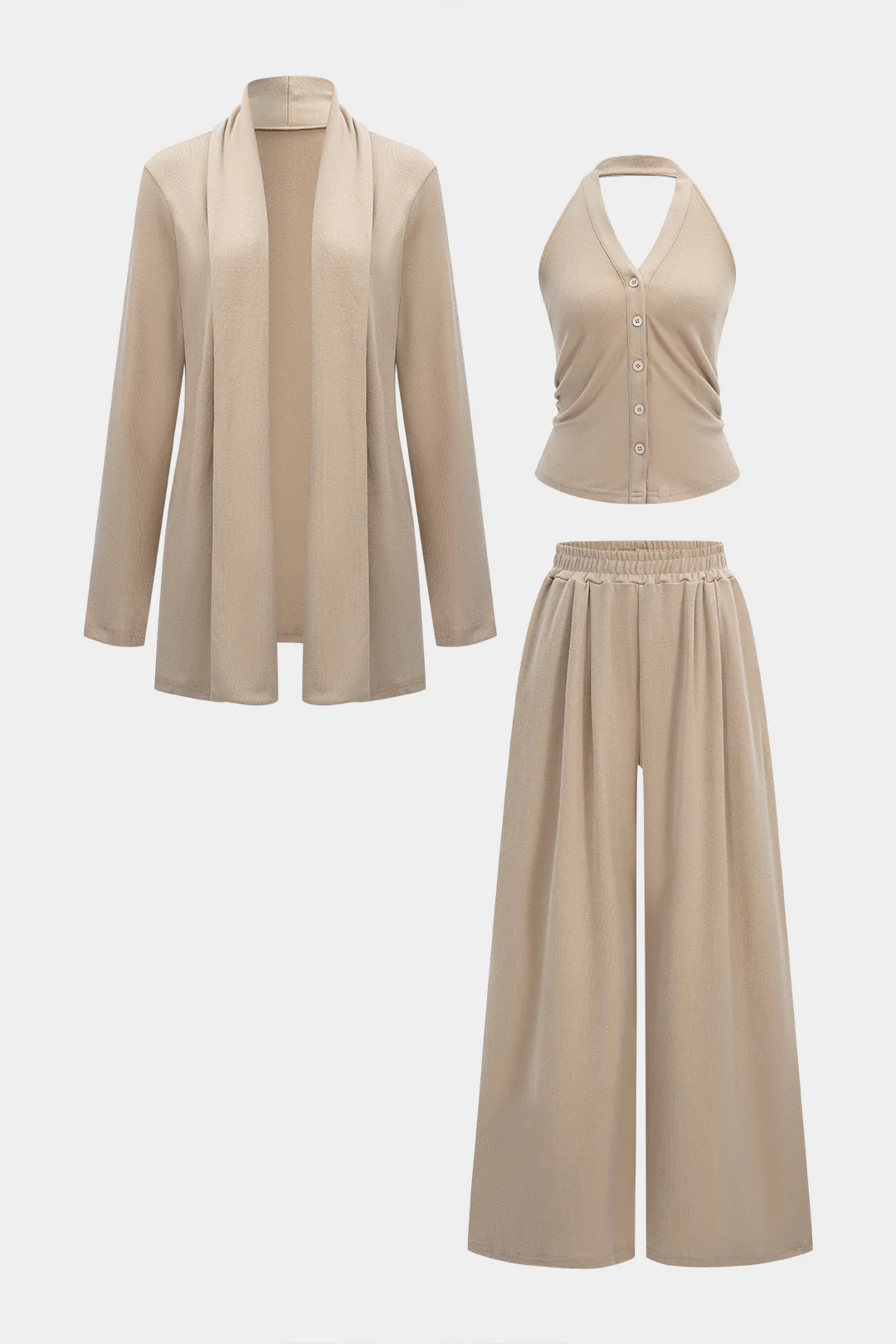 Solid Long Cardigan And Halter Neck Ruched Cami Top And Wide Leg Trousers Set - Flockneti