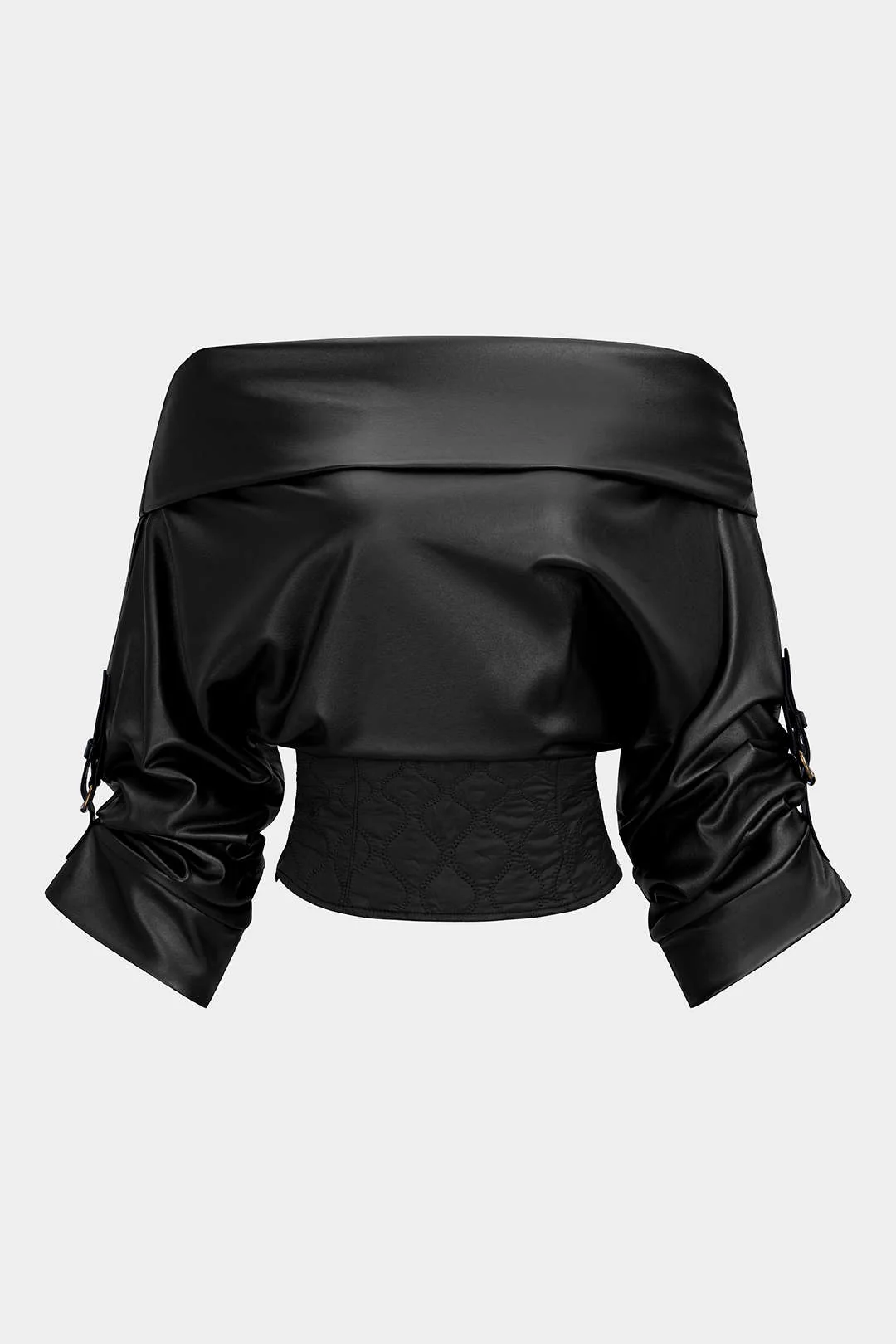 Faux Leather Quilted Patchwork Off Shoulder Long-Sleeve Shirt - Flockneti