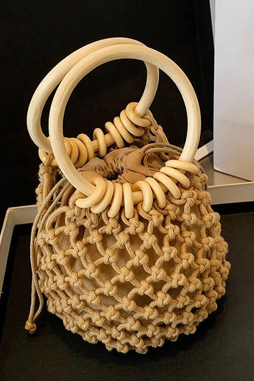 Woven Wooden Handle Tote Bag - Flockneti