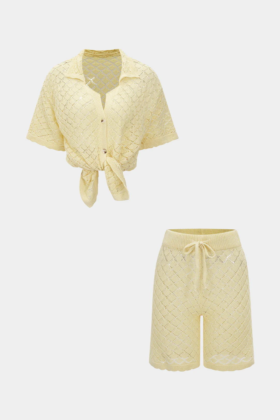 Knit Hollow Out Button Short-Sleeve And Drawstring Shorts Set - Flockneti
