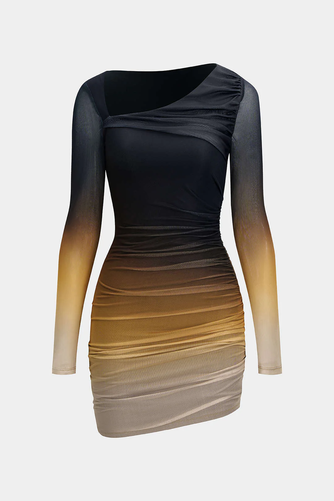Mesh Colorblock Print Asymmetrical Ruched Long-Sleeve Mini Dress - Flockneti