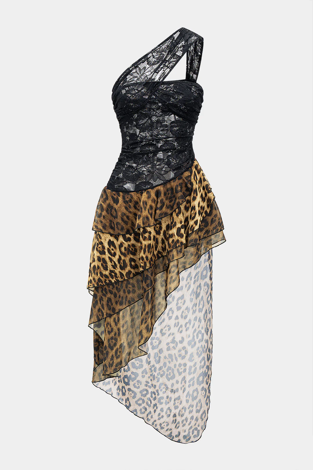Leopard Print Chiffon Lace Sheer One Shoulder Ruffle Hem Sleeveless Midi Dress - Flockneti