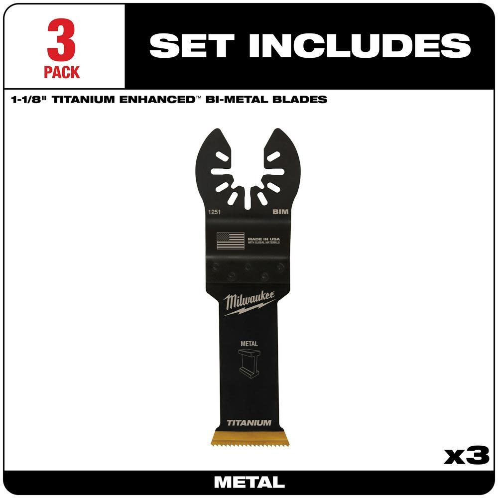 Milwaukee OPEN-LOK 1-1/8″ TITANIUM ENHANCED BI-METAL METAL BLADES 3PK - Flockneti