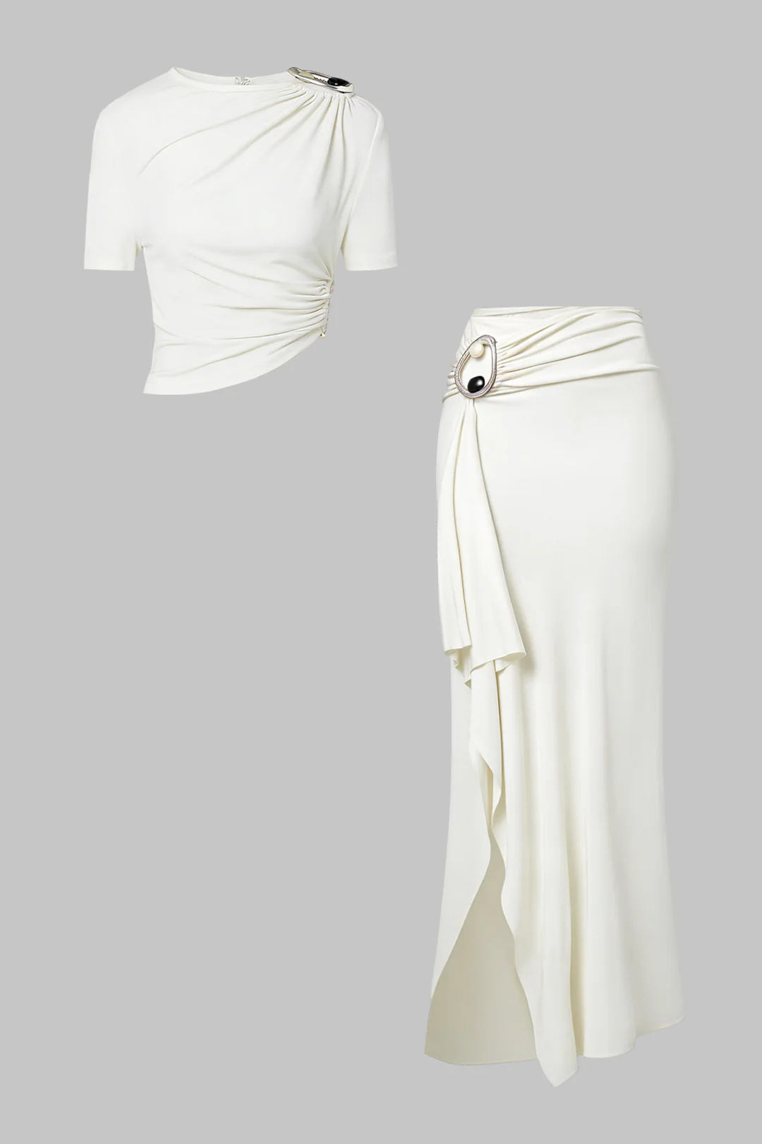 Metallic Decor Asymmetrical Ruched Short Sleeve Top And Irregualr Hem Split Skirt Set - Flockneti