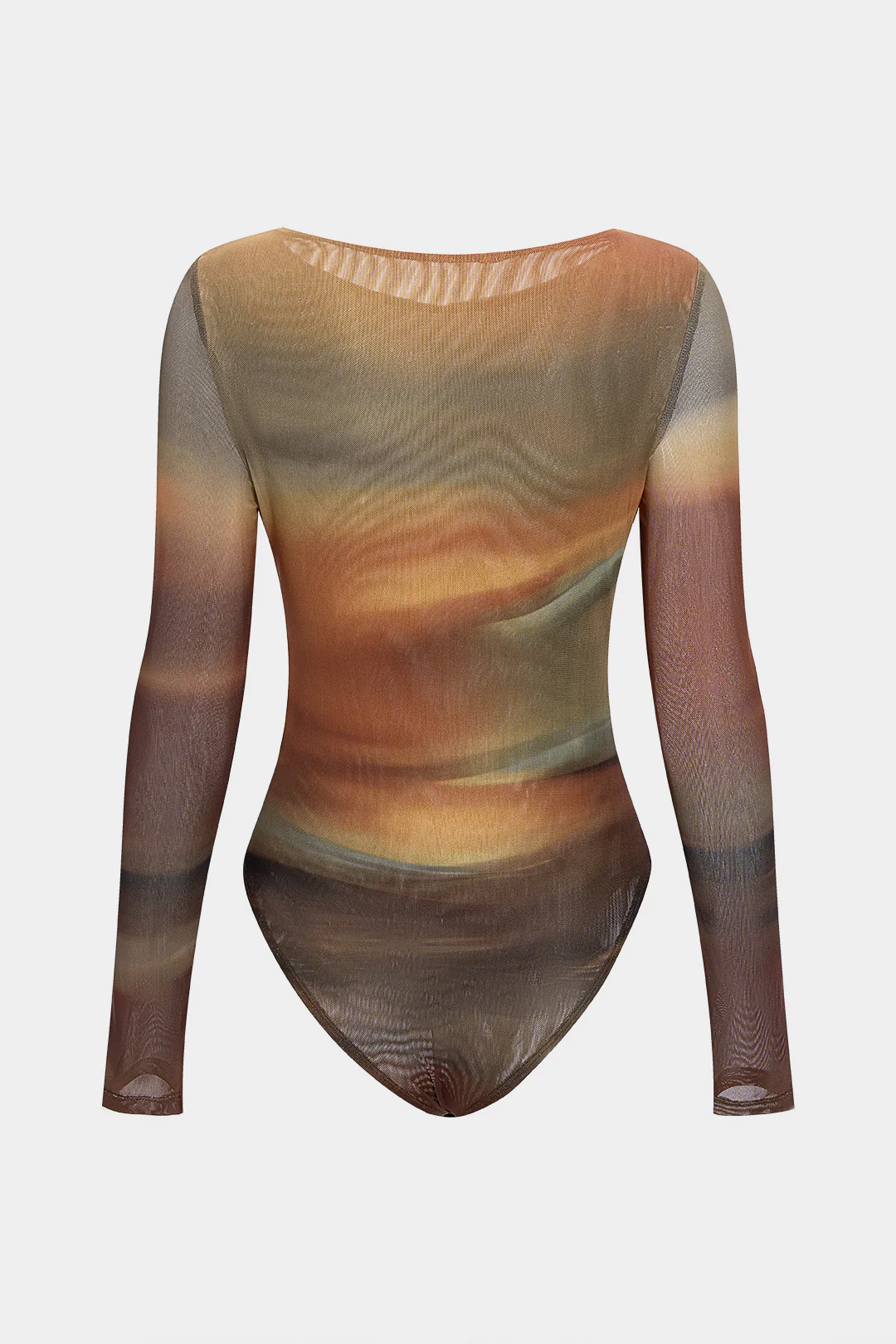 Ombre Print Mesh Ruched Boat Neck Long Sleeve Bodysuit - Flockneti