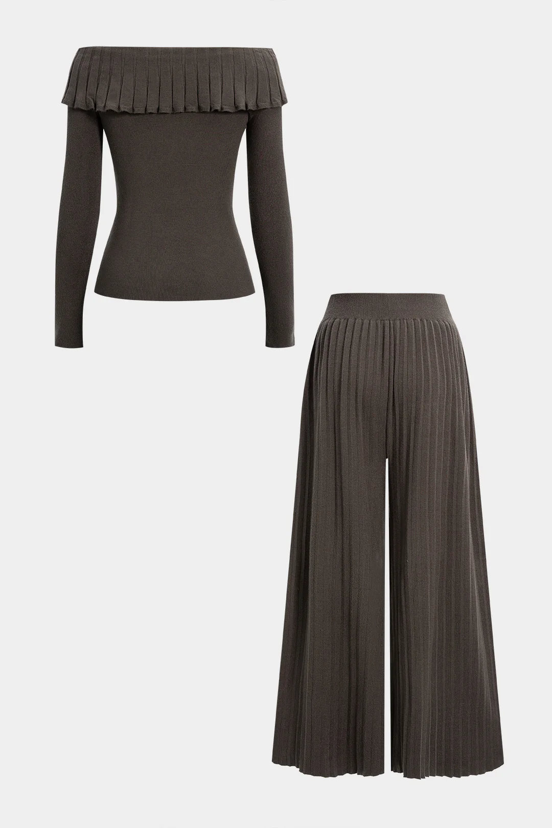 Knit Off Shoulder Ruffle Long-Sleeve Top And Wide Leg Pants Set - Flockneti