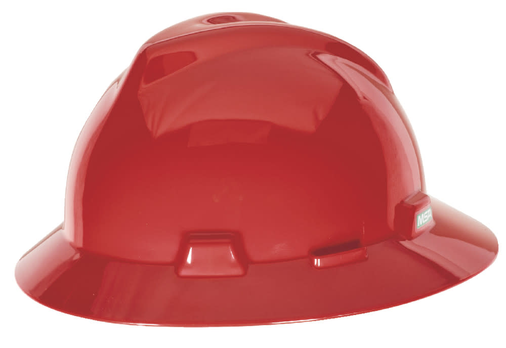 MSA Safety Works V Gard Slotted Full Brim Hat Red with 1 Touch Suspension - Flockneti
