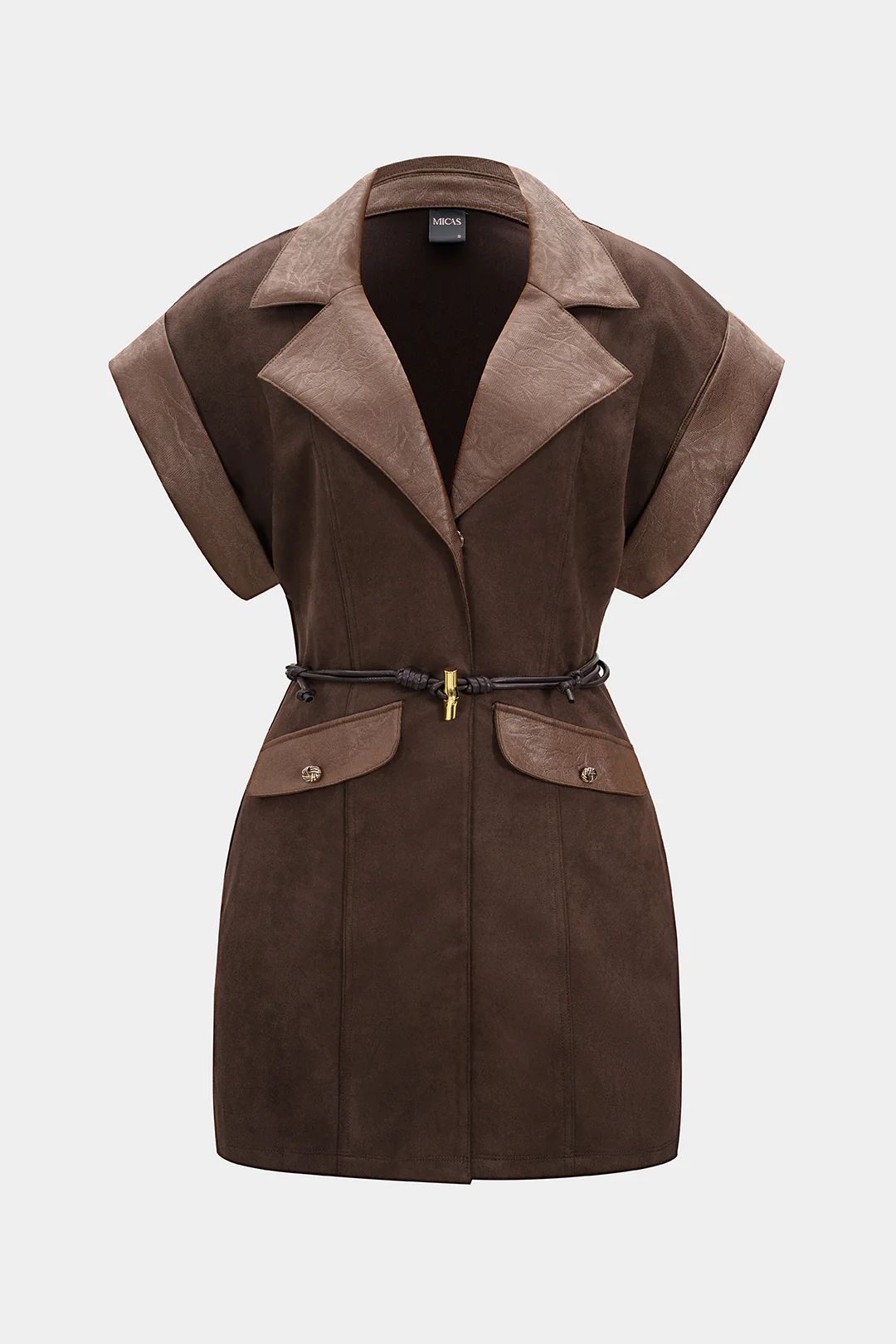 Faux Leather Suede V-Neck Patchwork Belted Sleeveless Mini Dress - Flockneti