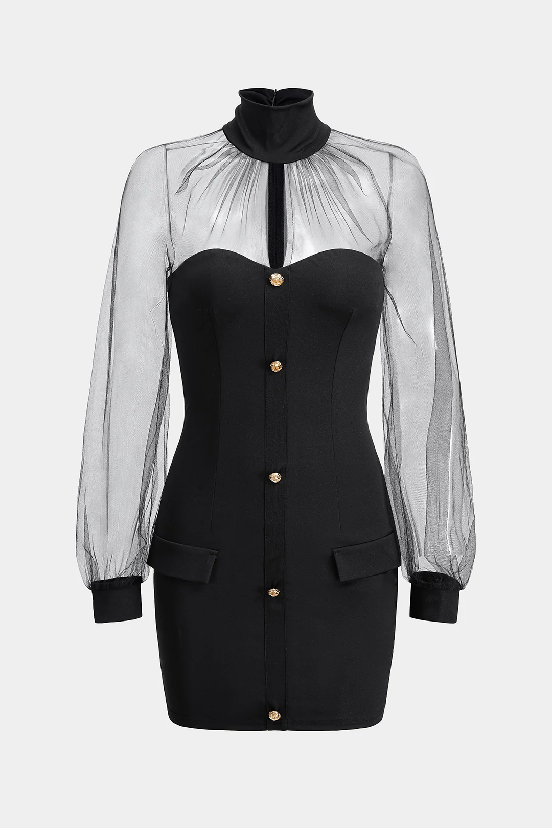 Mesh Patchwork High Neck Long Sleeve Mini Dress - Flockneti