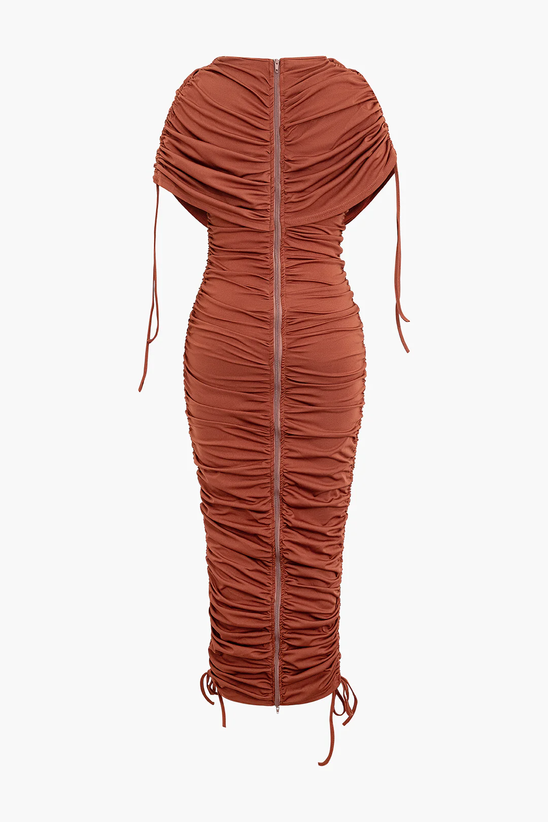 Drawstring Ruched Zipper Sleeveless Midi Dress - Flockneti
