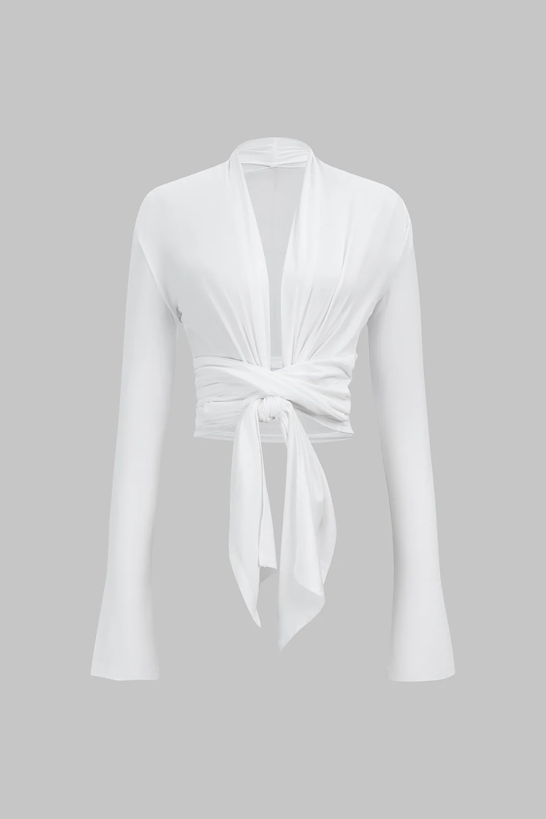 V-Neck Tie Front Ruched Long-Sleeve Top - Flockneti