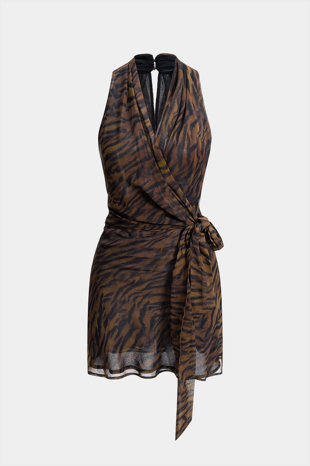 Tiger Print Chiffon V-Neck Asymmetrical Knotted Ruched Sleeveless Mini Dress - Flockneti