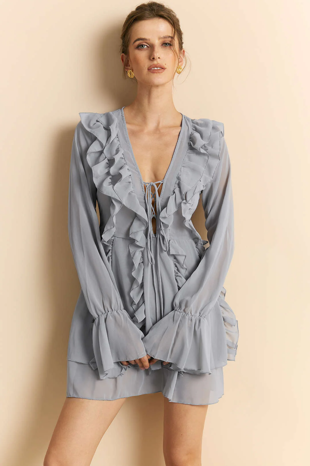 Chiffon Ruffle Tie-Up Bell Sleeve V-Neck Long Sleeve Mini Dress - Flockneti