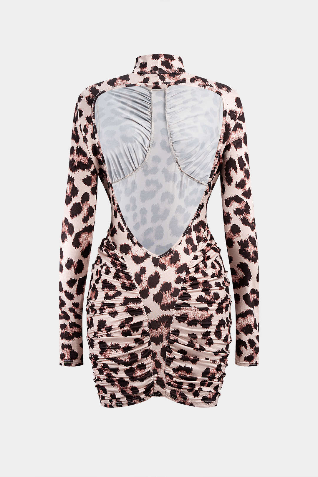 Mocke Neck Leopard Print Backless Ruched Long Sleeve Mini Dress - Flockneti
