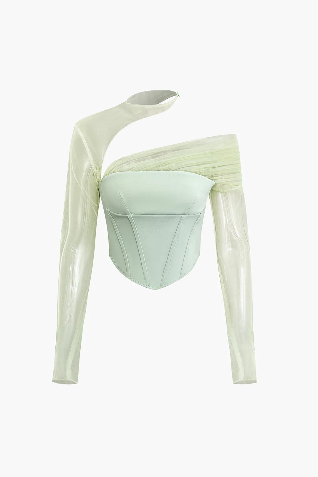 Mesh Ruched Asymmetrical Zipper Long-Sleeve Top - Flockneti