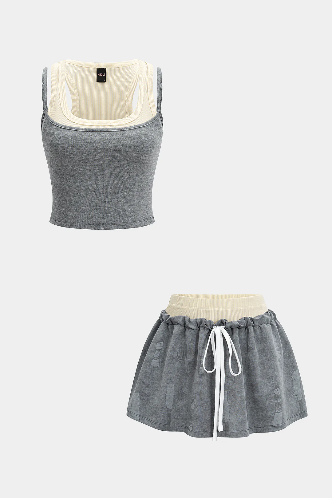 Patchwork Tank Top And Double Waistband Drawstring Skirt Set - Flockneti