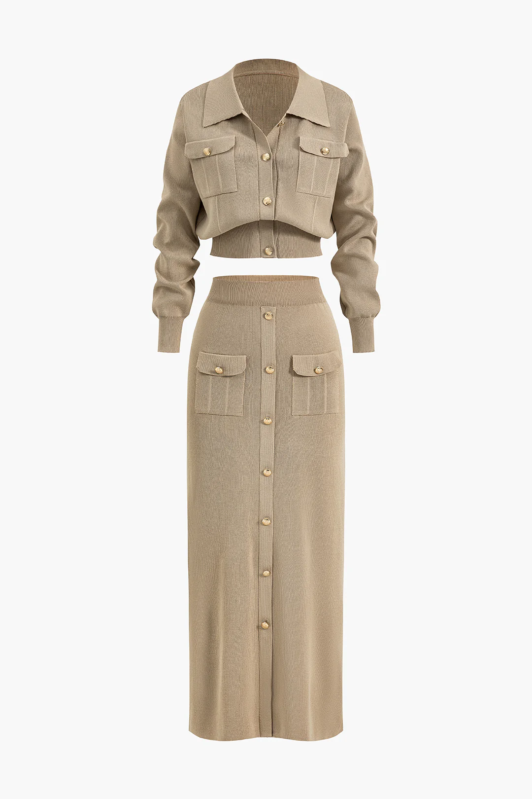 Cropped Button-Up Knit Top And Maxi Skirt Set - Flockneti
