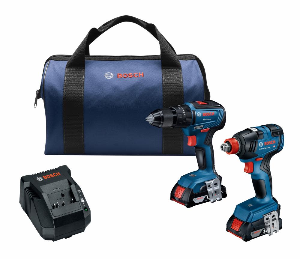 Bosch 18V 2 Tool Combo Kit with 1/2″ Hammer Drill Driver 1/4″ & 1/2″ Bit Socket Impact Driver with Two 2Ah SlimPack Batteries - Flockneti