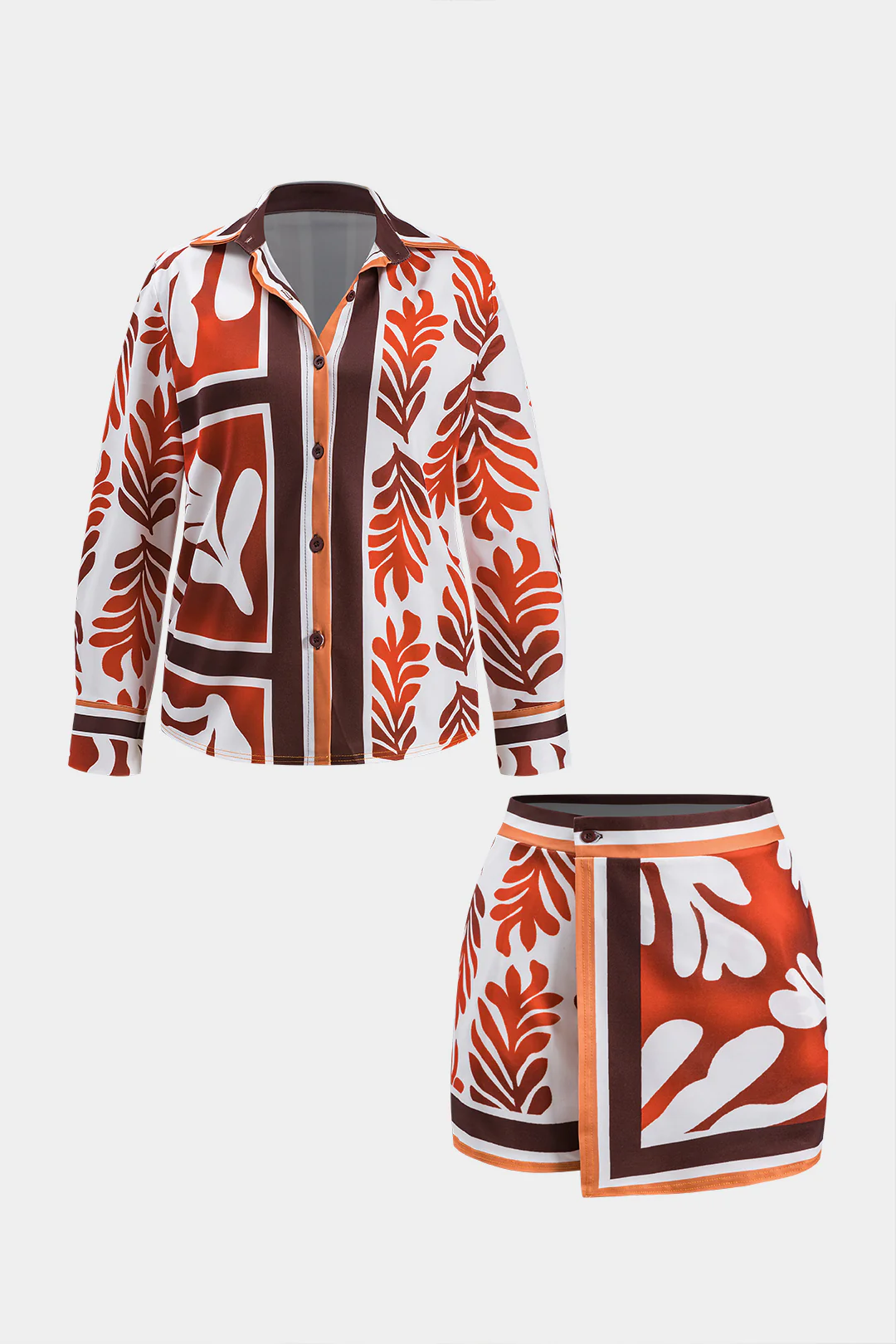 Plus Size Bohemian Print Button Long Sleeve Shirt And Button Shorts Set - Flockneti
