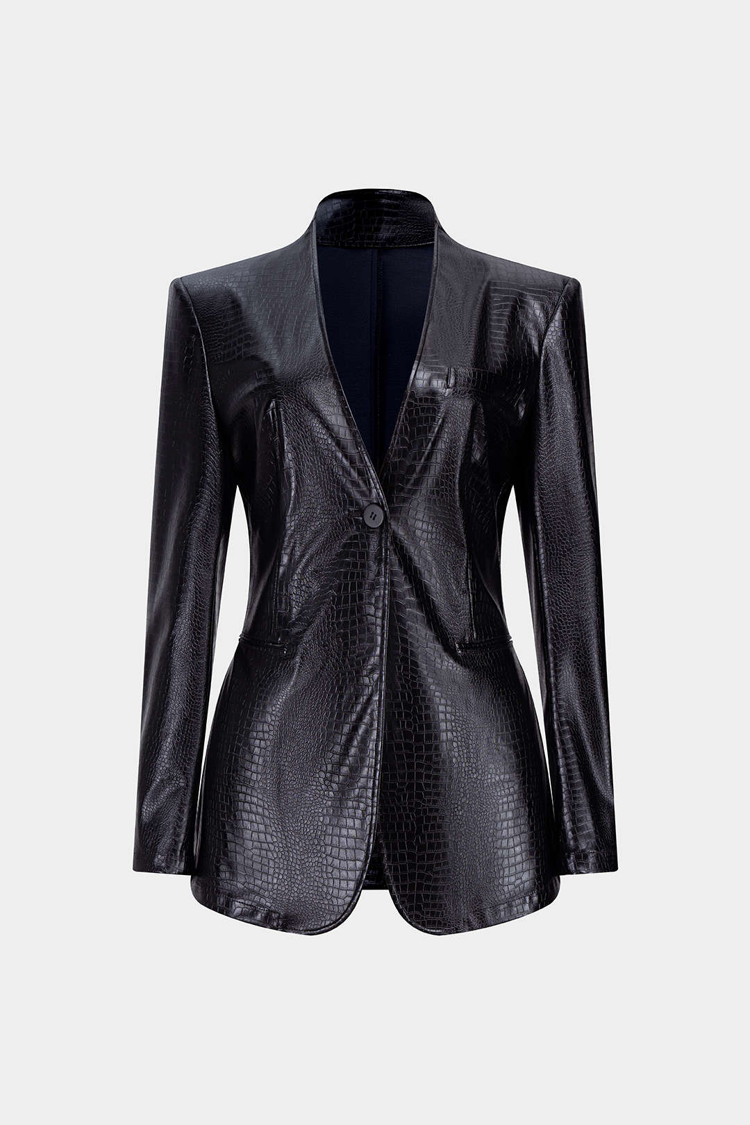 Crocodile Print Faux Leather V-Neck Pocket Jakcet - Flockneti
