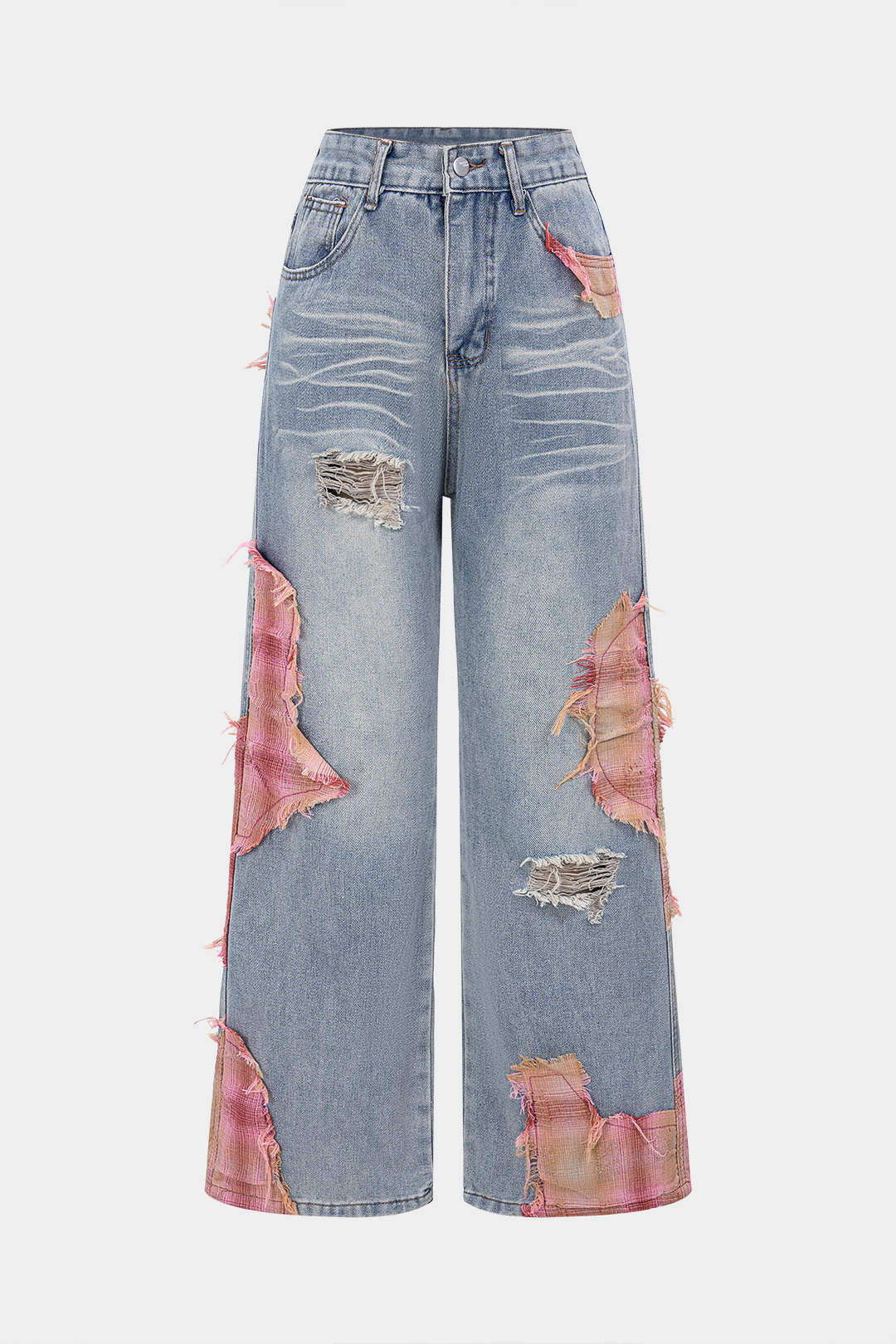 Denim Patchwork Plaid Print Asymmetrical Ripped Wide Leg Jeans - Flockneti