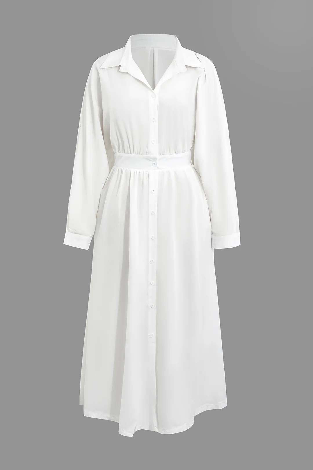 V-Neck Button Ruched Long Sleeve Midi Dress - Flockneti