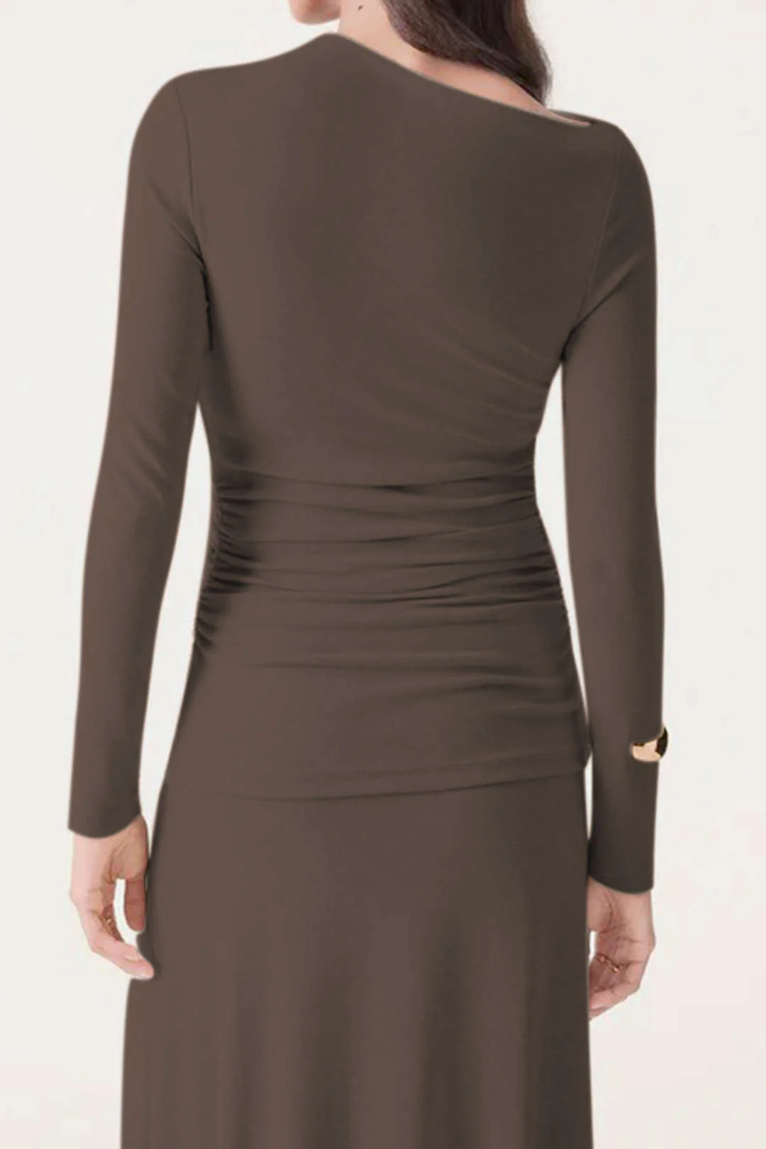 Asymmetrical Neck Long-Sleeve Top And Stitching Detail Skirt Set - Flockneti