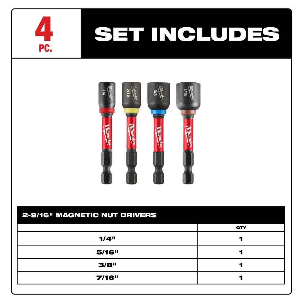 Milwaukee SHOCKWAVE Impact Duty 2 9/16 Magnetic Nut Driver Set 4pc - Flockneti