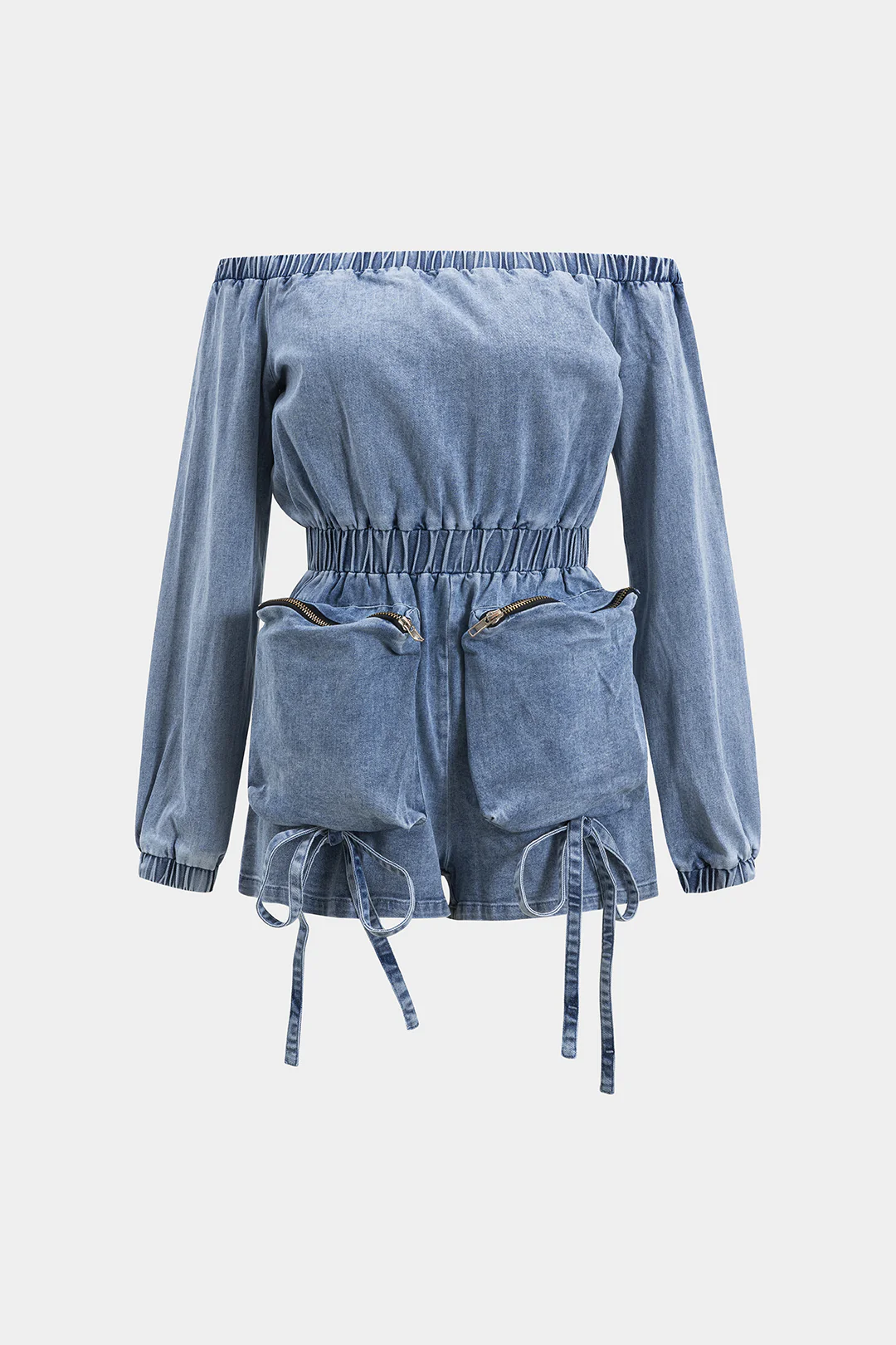 Denim Off Shoulder Shirred Zipper Pocket Long Sleeve Jumpsuit - Flockneti