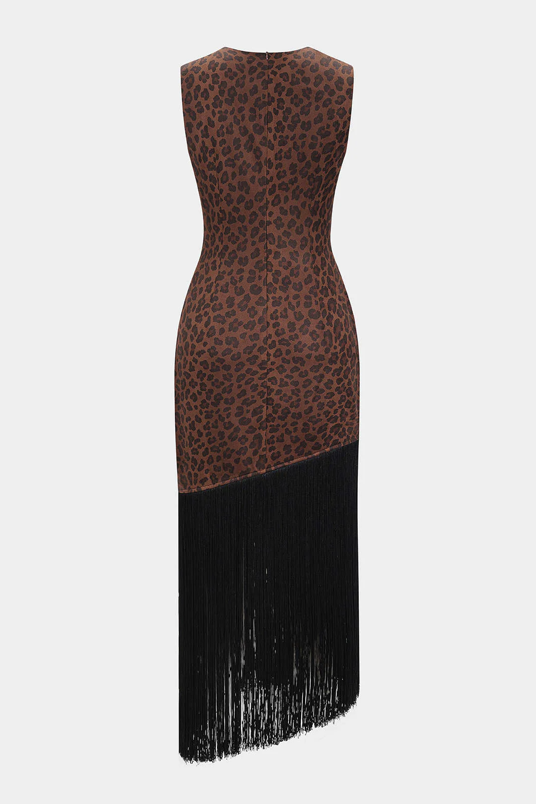 Leopard Print Suede Round Neck Fringe Asymmetrical Maxi Dress - Flockneti
