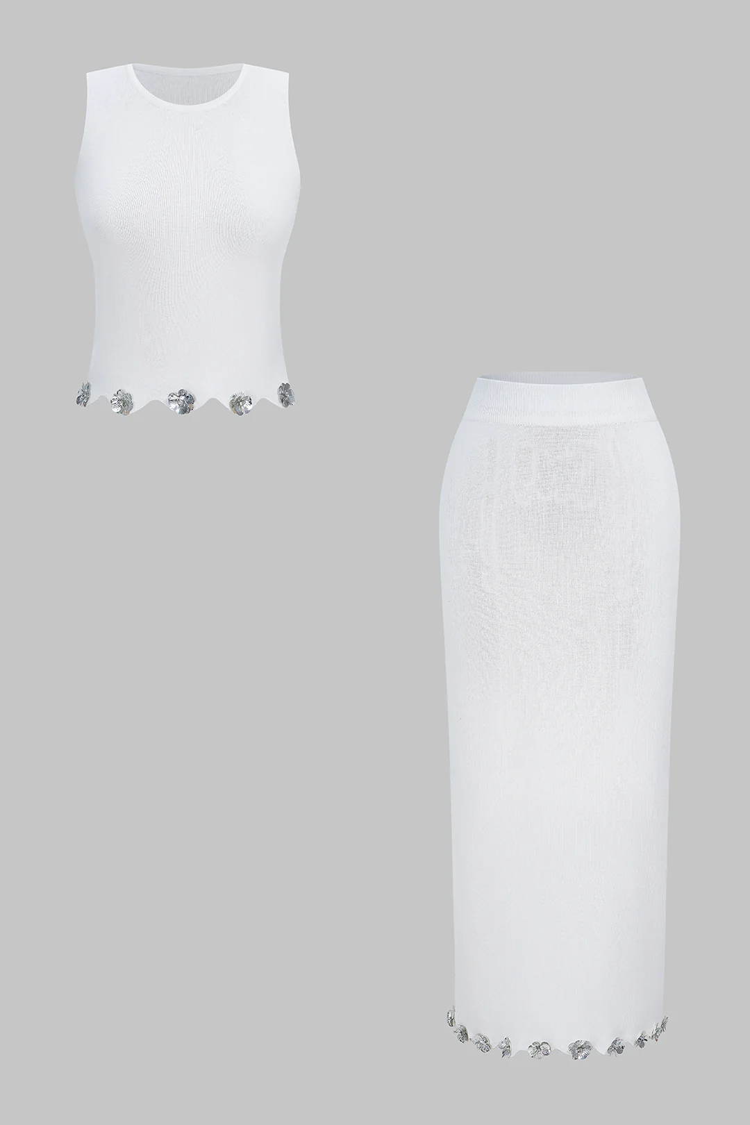 Knit Applique Sequin Round Neck Tank Top And Skirt Set - Flockneti