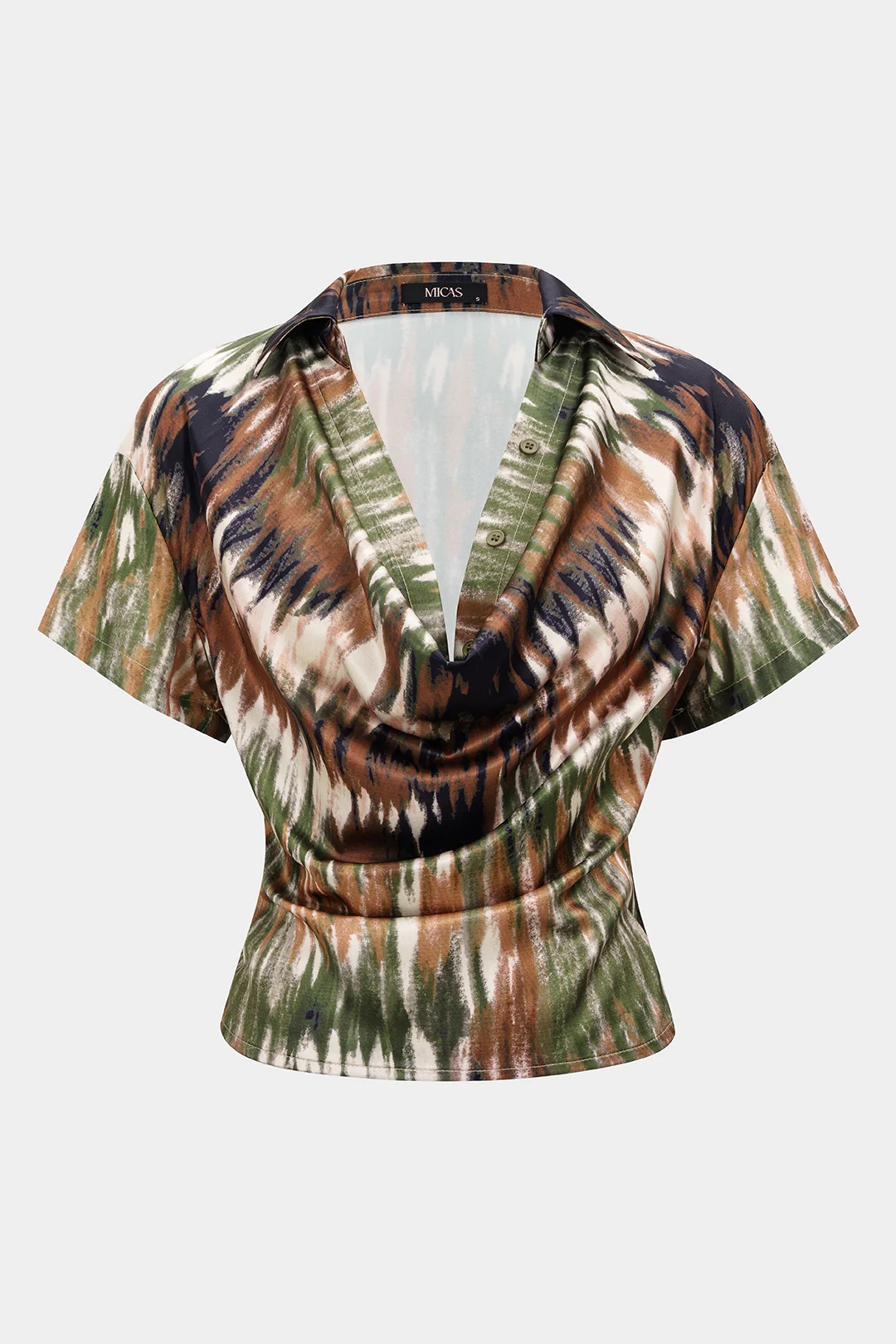 Ombre Print Satin Draped Cowl Neck Short Sleeve Top - Flockneti