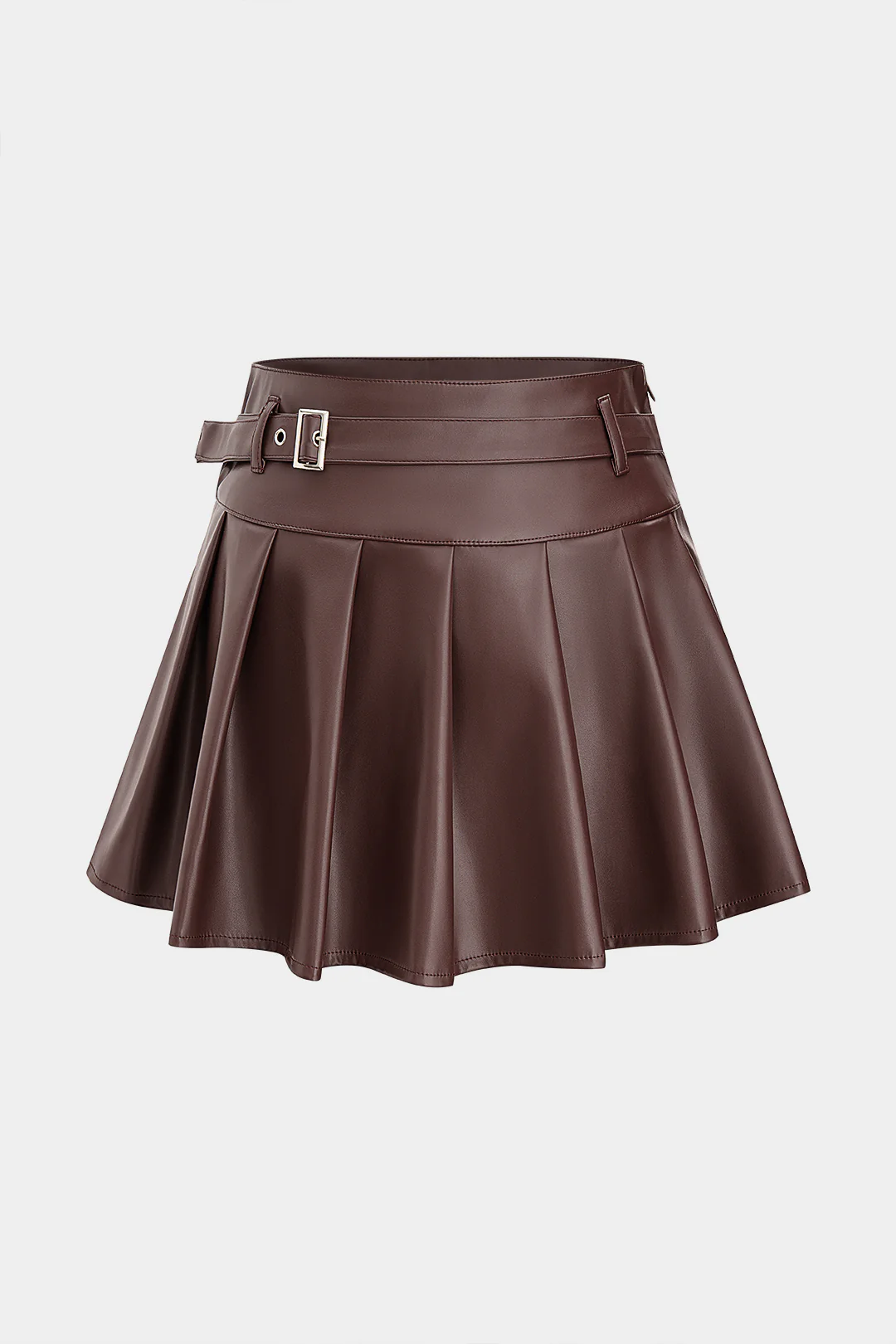 Faux Leather Pleated Belted High Waist Skirt - Flockneti