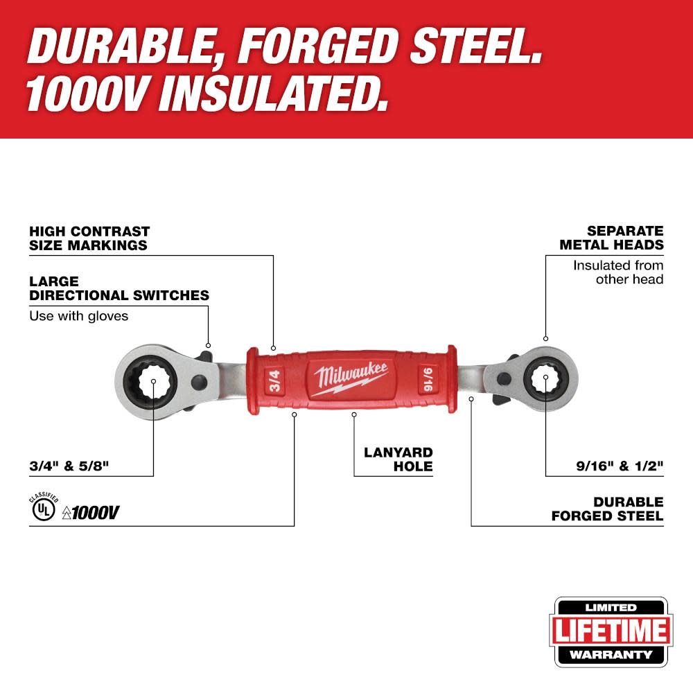 Milwaukee Linemans 4-in-1 Insulated Ratcheting Box Wrench - Flockneti