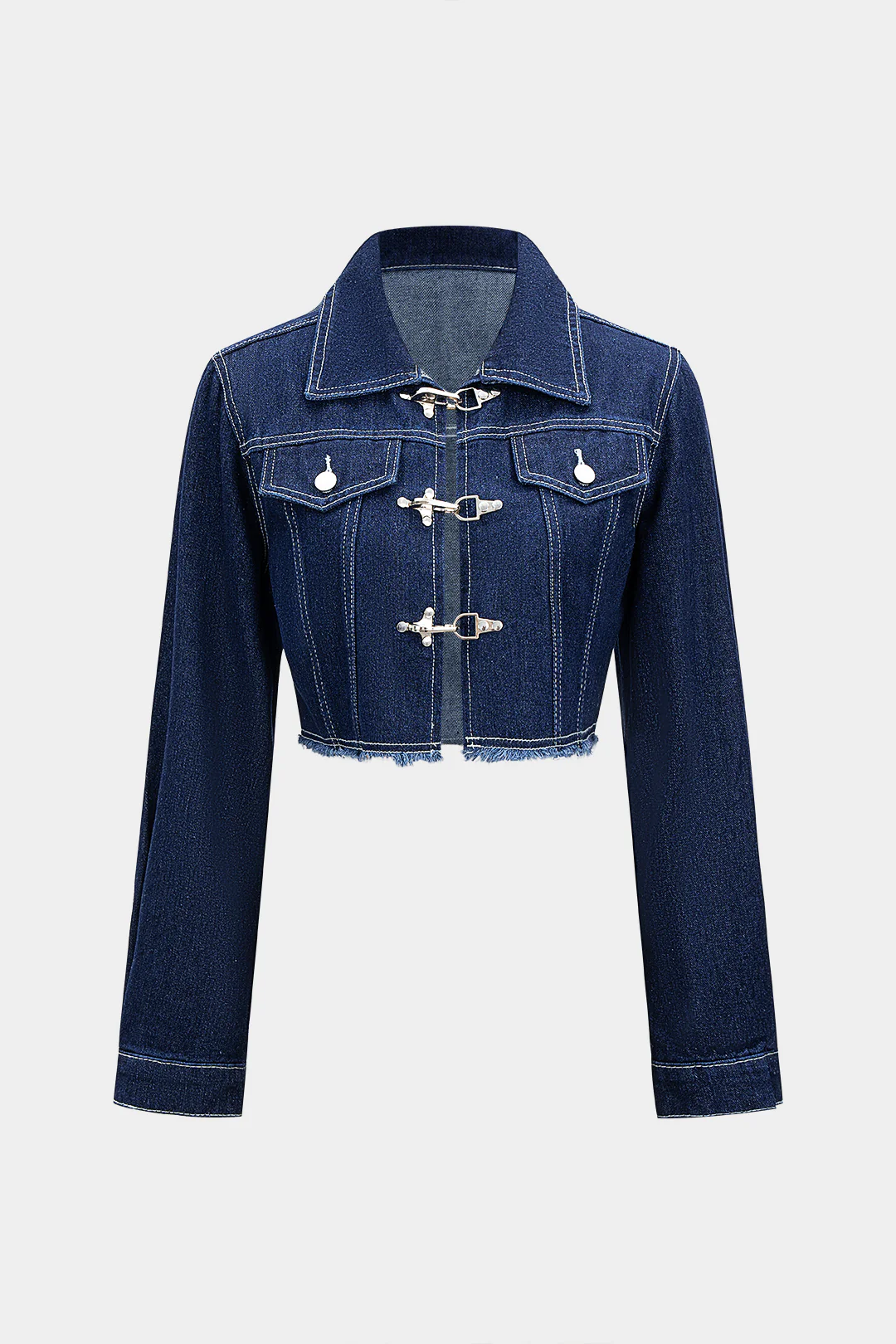 Denim Metallic Button Frayed Outerwear - Flockneti