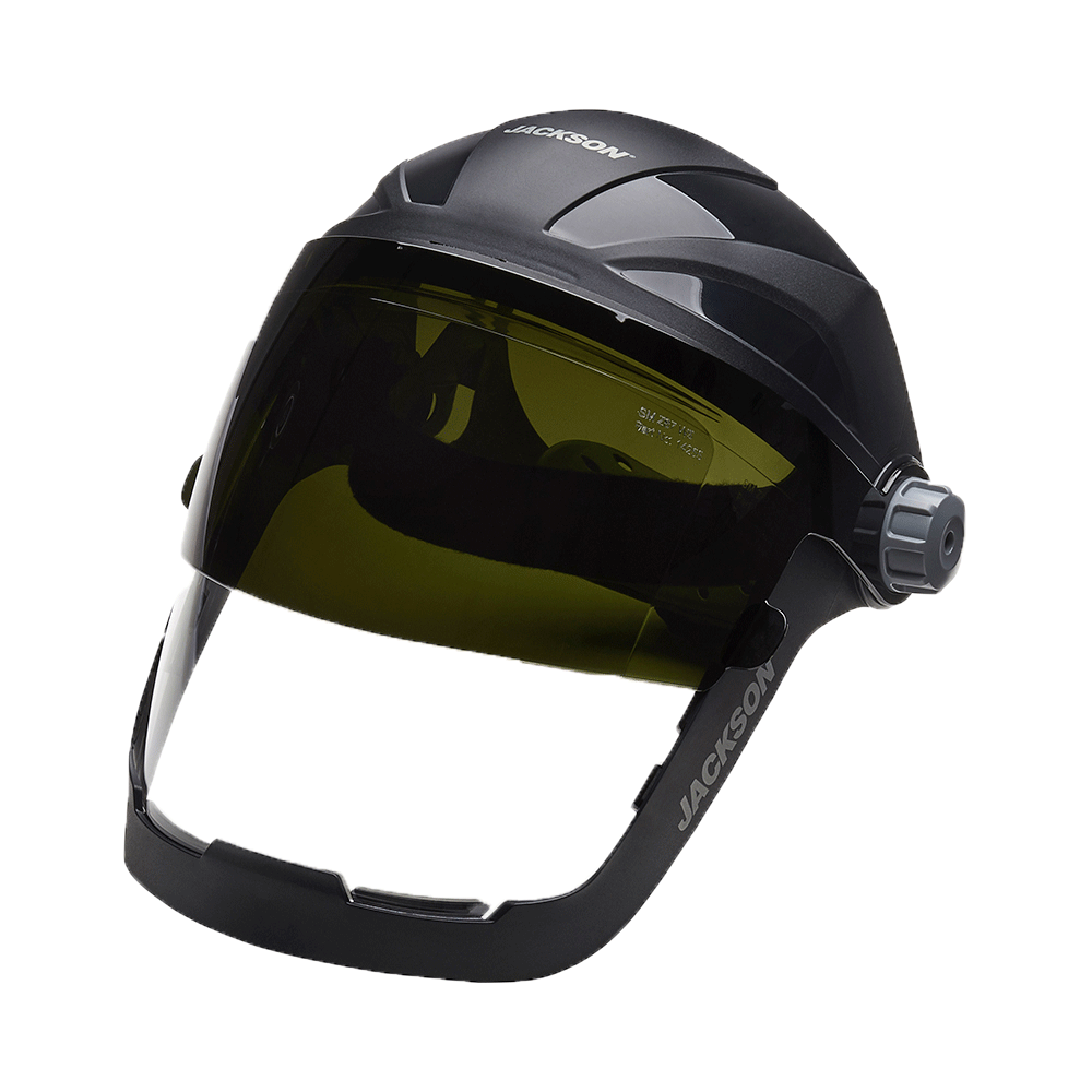 Jackson Safety QUAD 500 Premium Multi-Purpose Face Shield – Clear Window with Shade 8 IR Flip Visor – Anti-Fog Coating – 370 Speed Dial Ratcheting Headgear - Flockneti